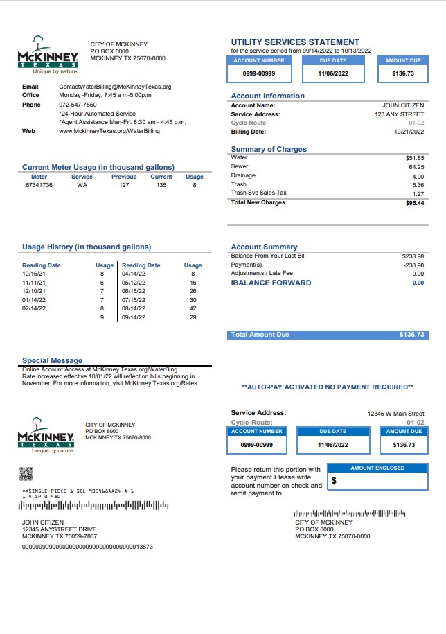 USA Texas McKinney utility bill template in Word and PDF format